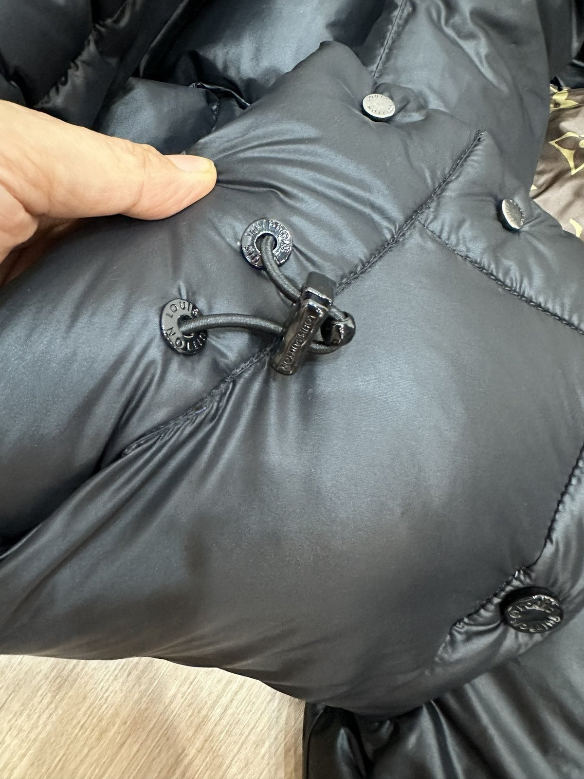 LV Black Hooded Puffer Coat with Monogram Lining
