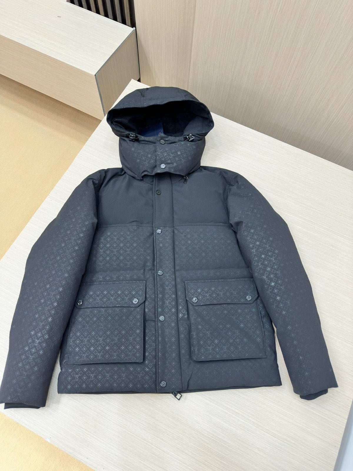 LV Tonal Pattern Hooded Puffer Coat