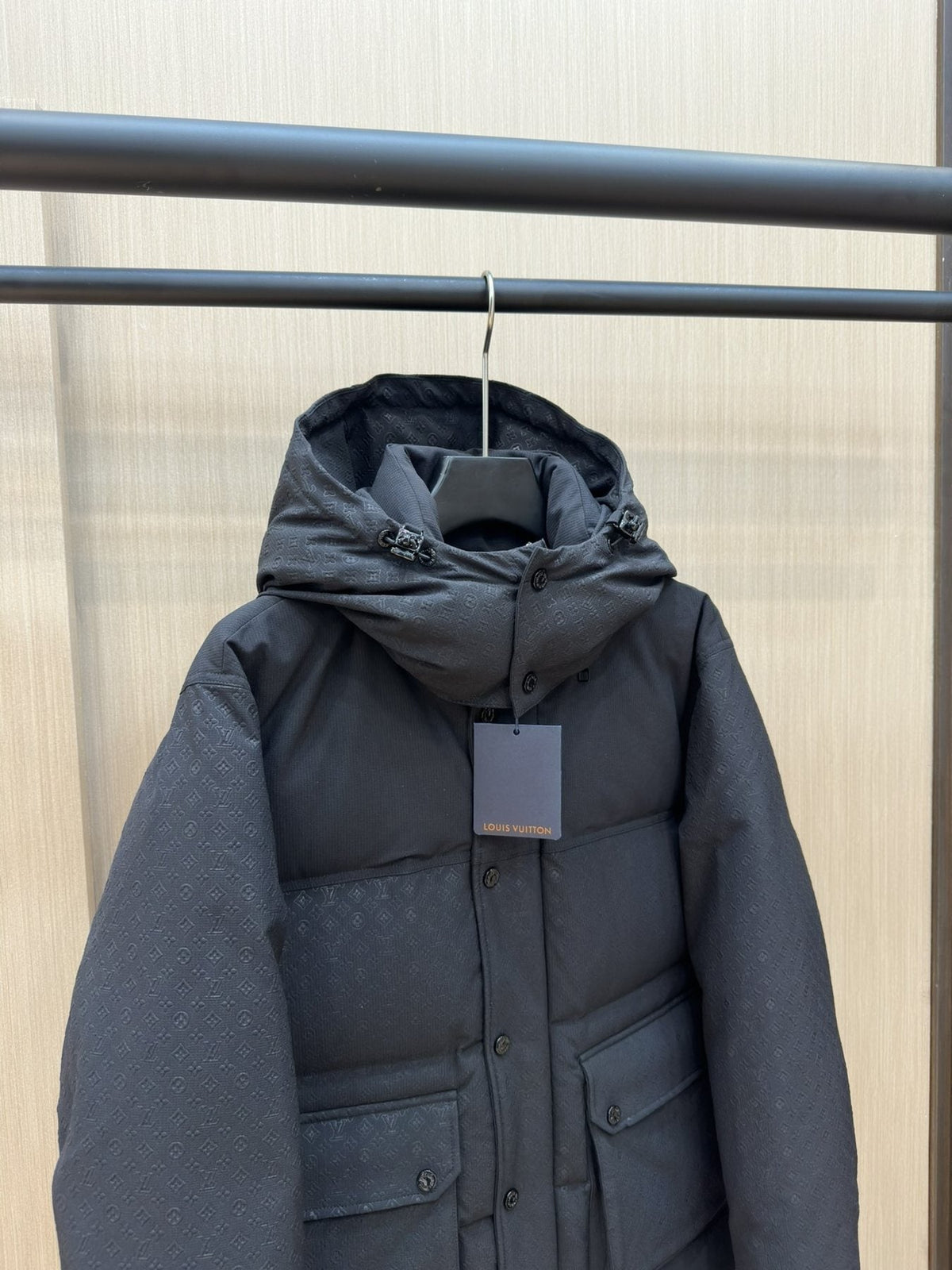 LV Tonal Pattern Hooded Puffer Coat