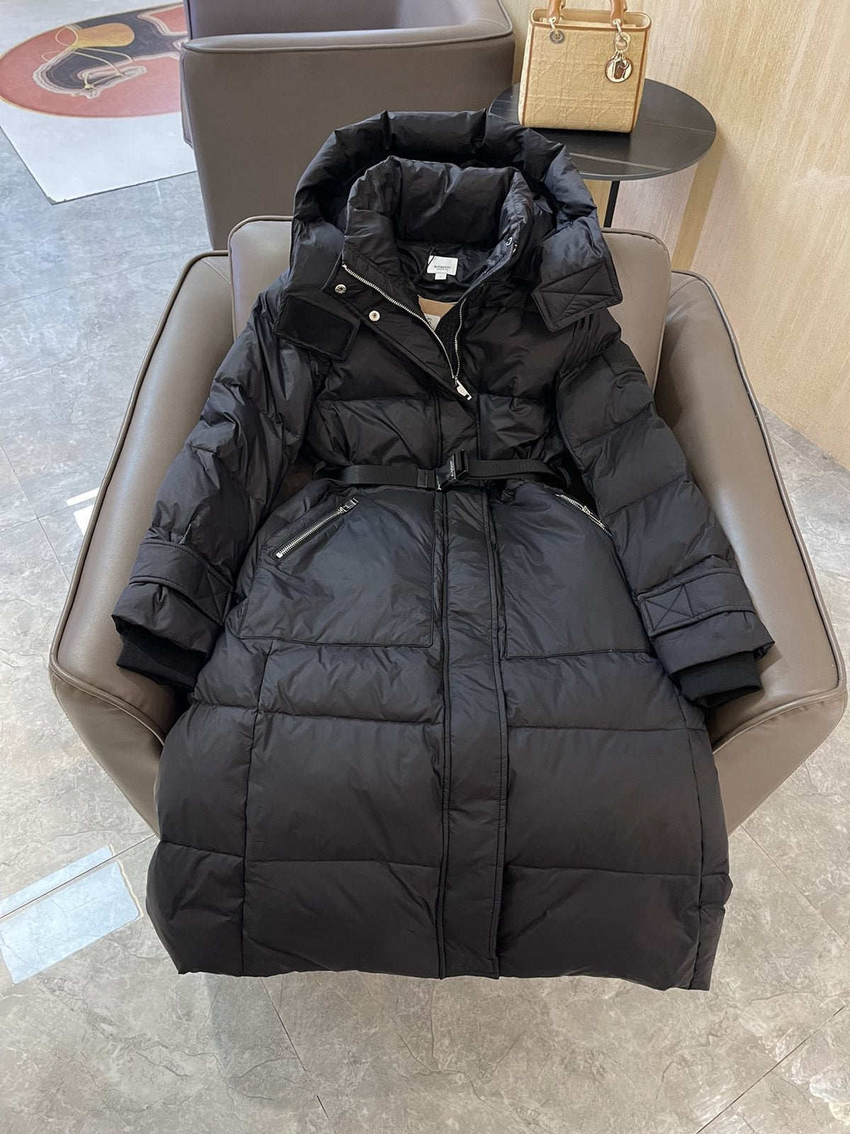 Burberry Hooded Belted Long Down Jacket