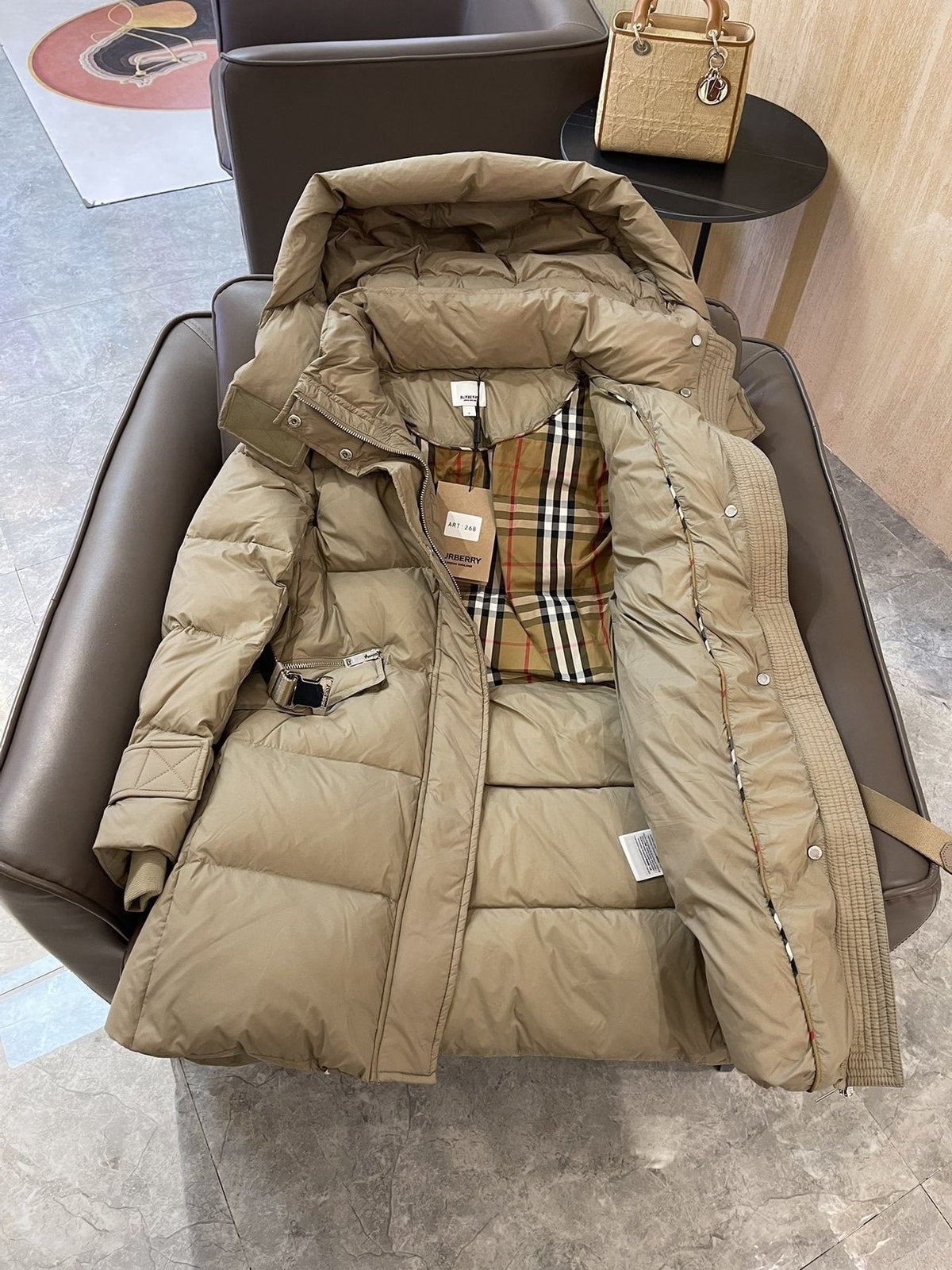 Burberry Belted Hooded Long Down Jacket