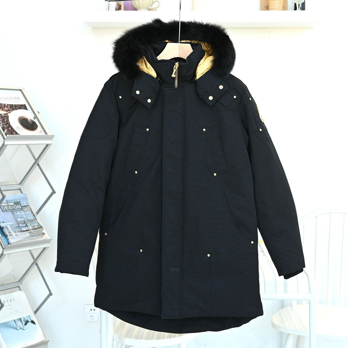 Moose Knuckles Men's Black Fur-Trim Hood Long Parka