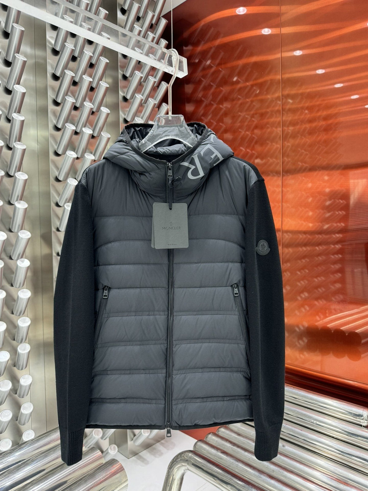 Moncler Grey Quilted Knit-Sleeve Hooded Puffer Jacket