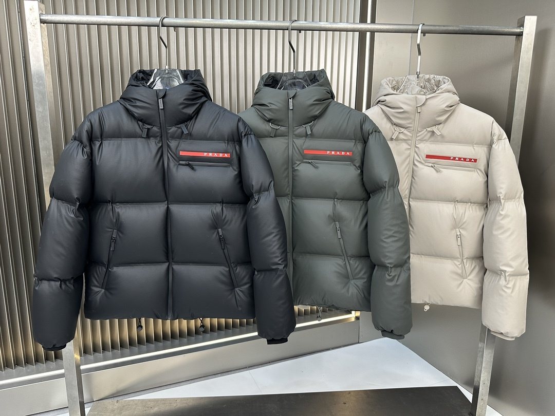 Prada Hooded Puffer Jacket with Red Chest Trim