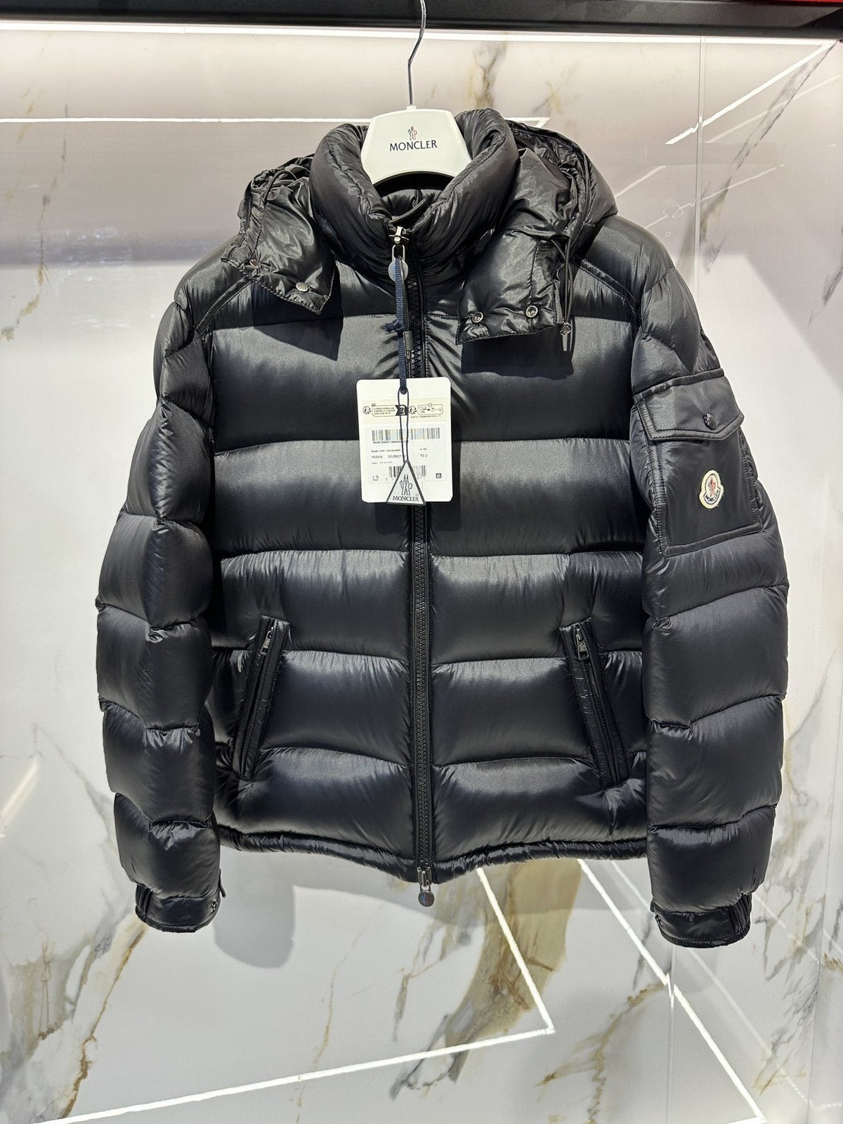 Moncler Black Glossy Hooded Puffer Coat