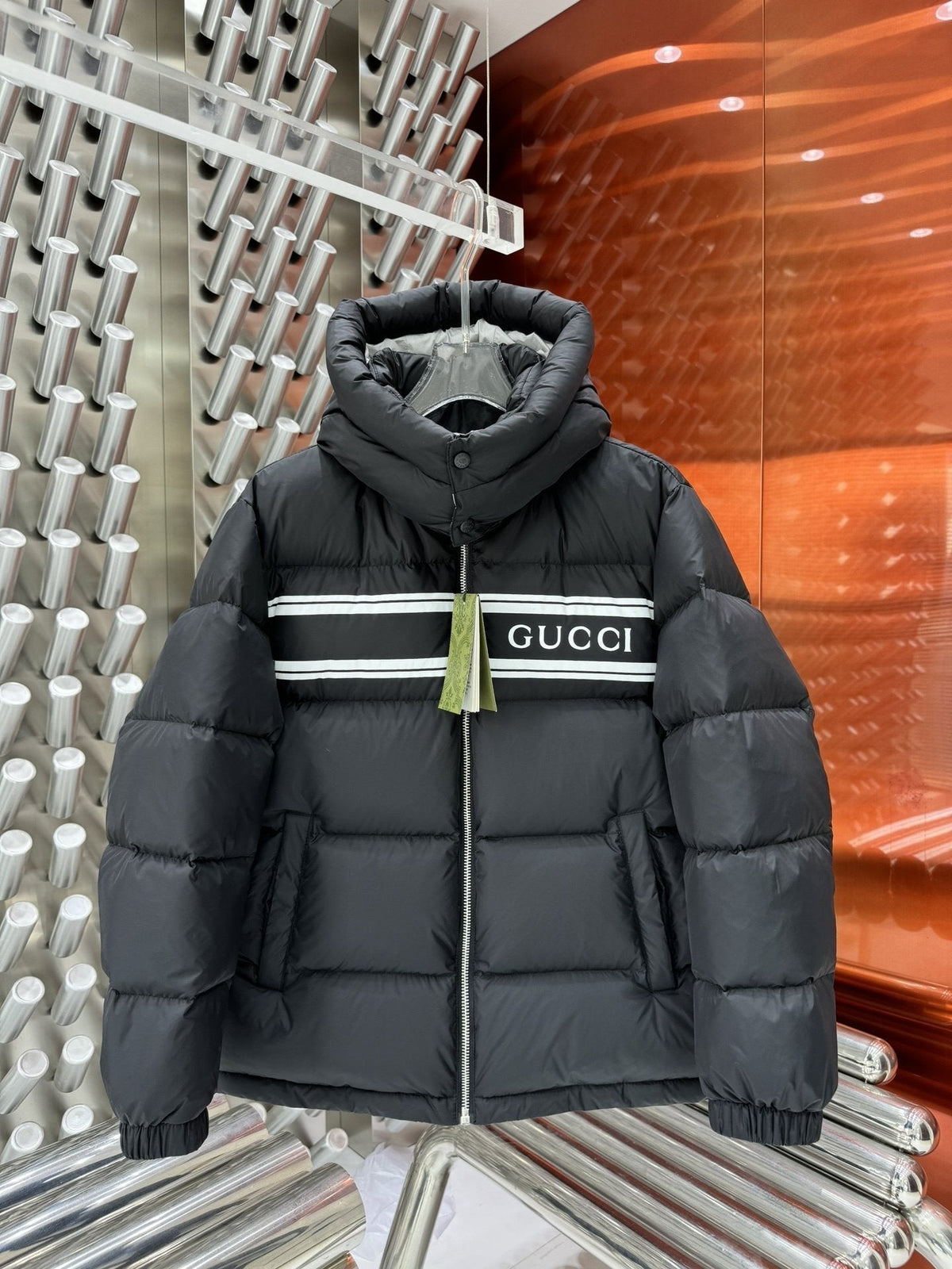 Gucci Hooded Striped Panel Puffer Jacket