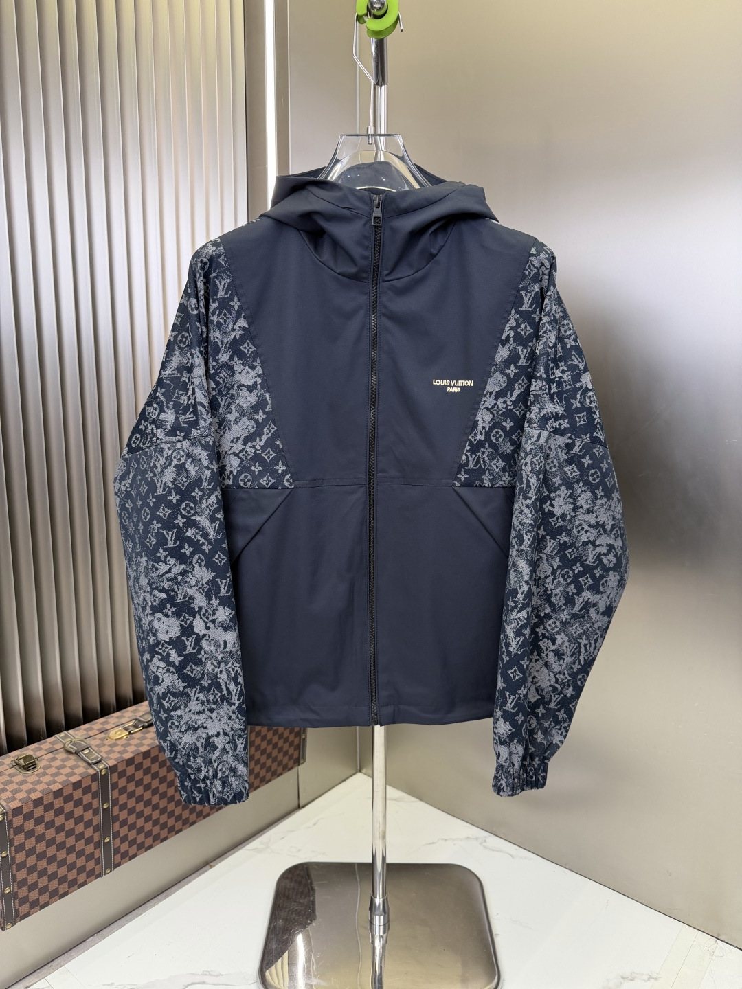 LV Navy Blue Hooded Zip Jacket with Patterned Panels
