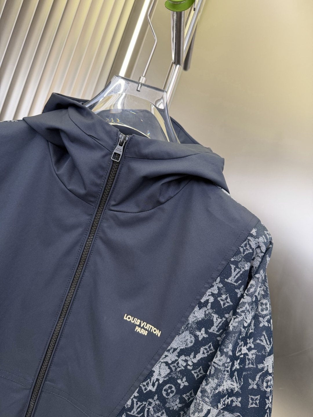 LV Navy Blue Hooded Zip Jacket with Patterned Panels
