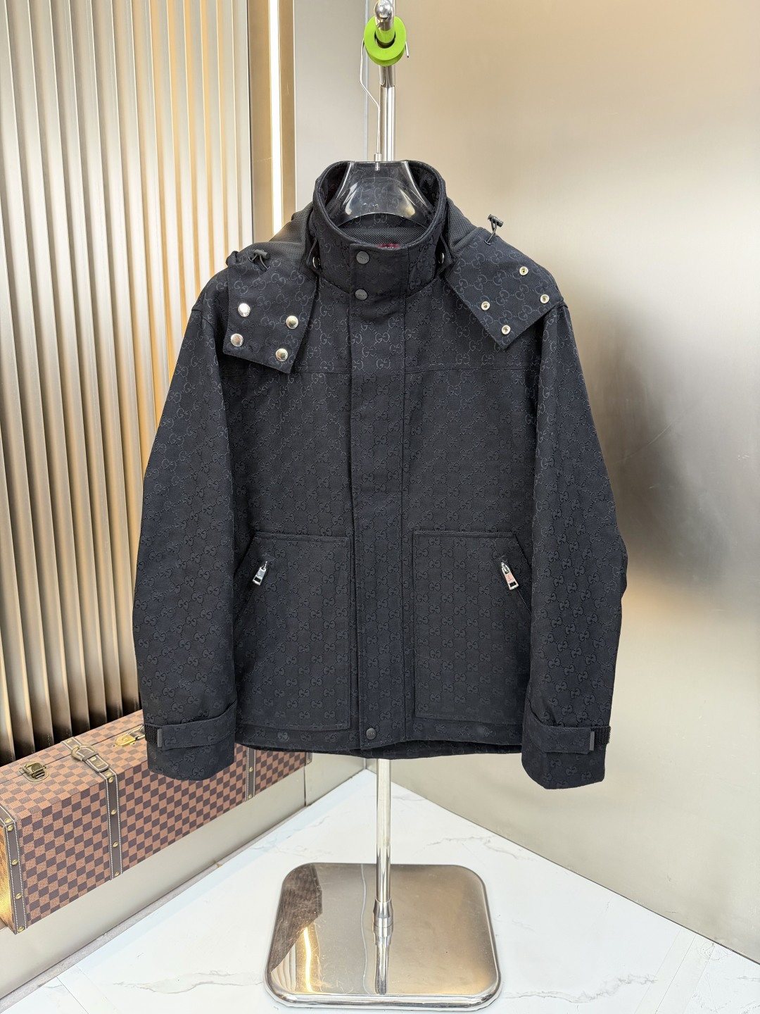 Gucci Black Tonal Monogram Hooded Jacket