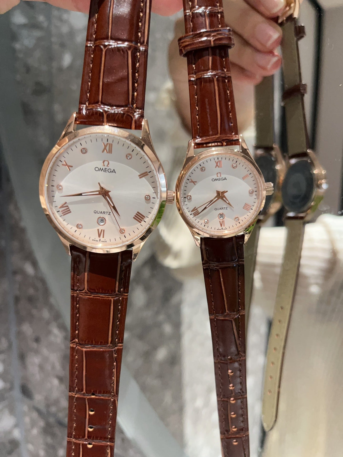 Omega Rose Gold White Dial Brown Strap Couple Watch Set