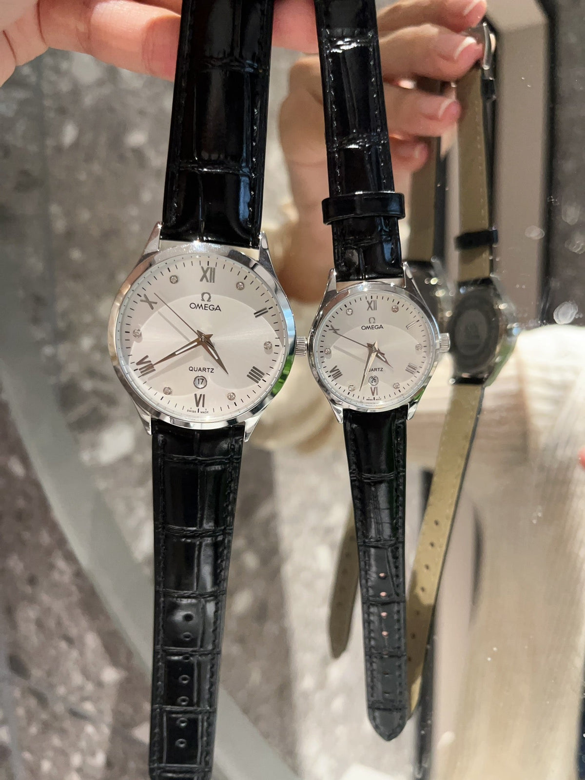 Omega White Dial Black Strap Couple Watch Set