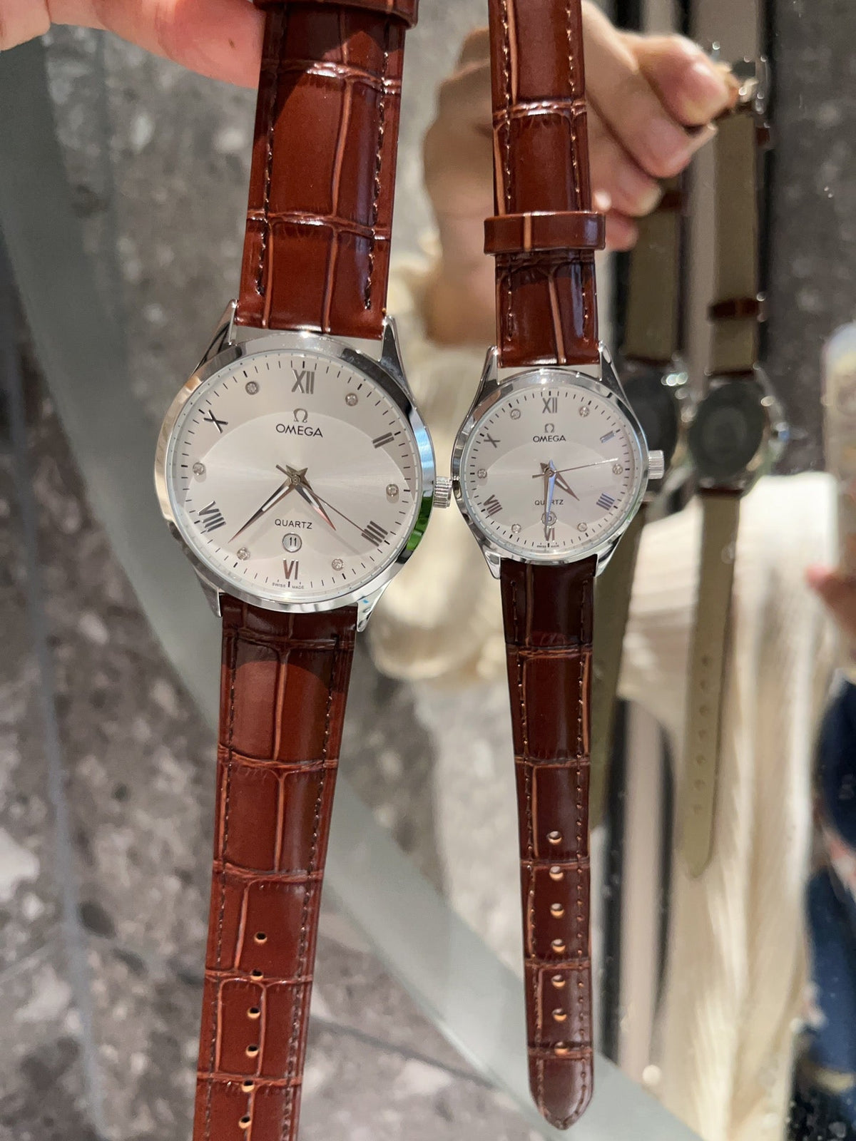 Omega White Dial Brown Strap Couple Watch Set
