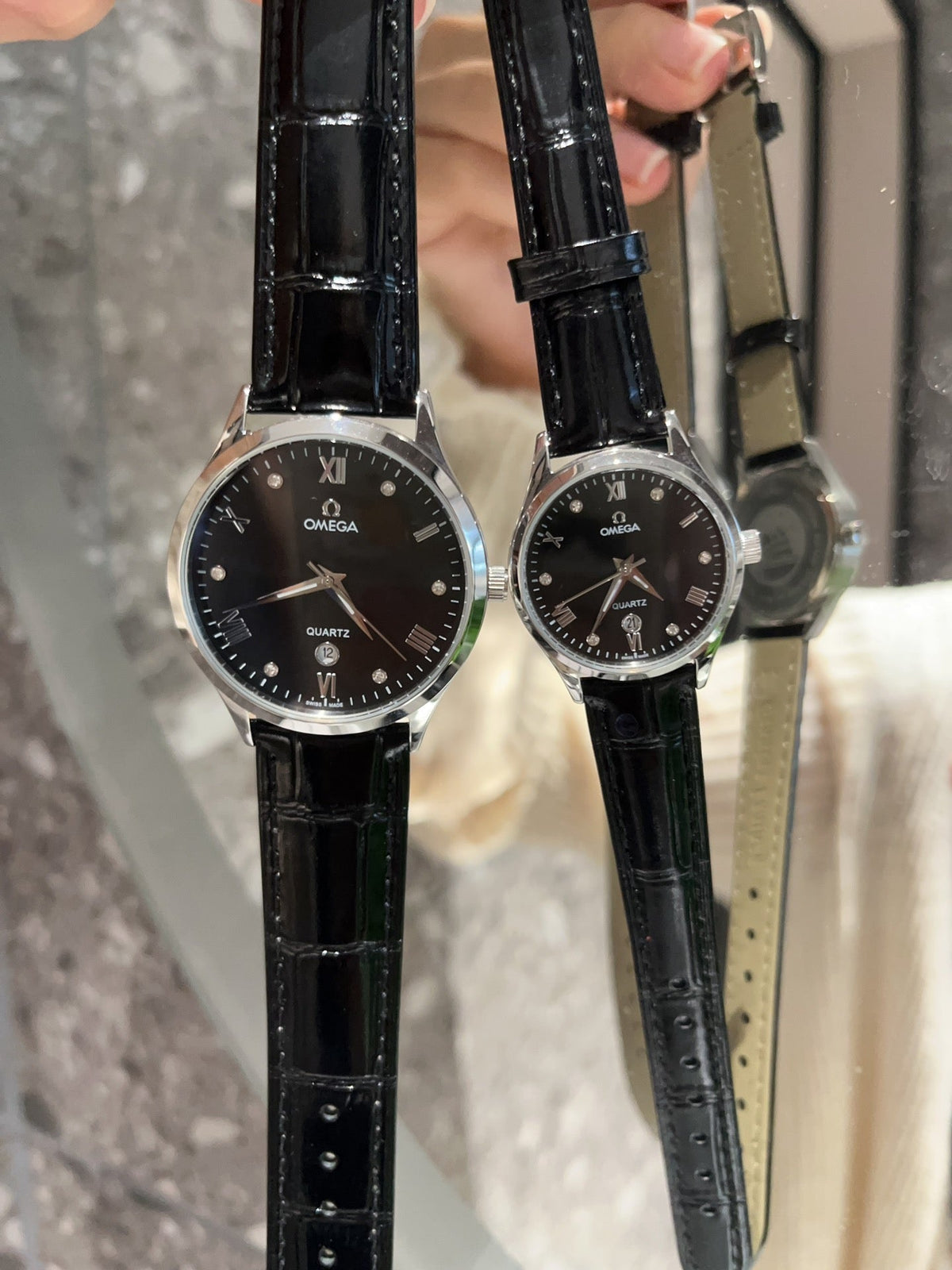 Omega Black Dial Black Strap Couple Watch Set