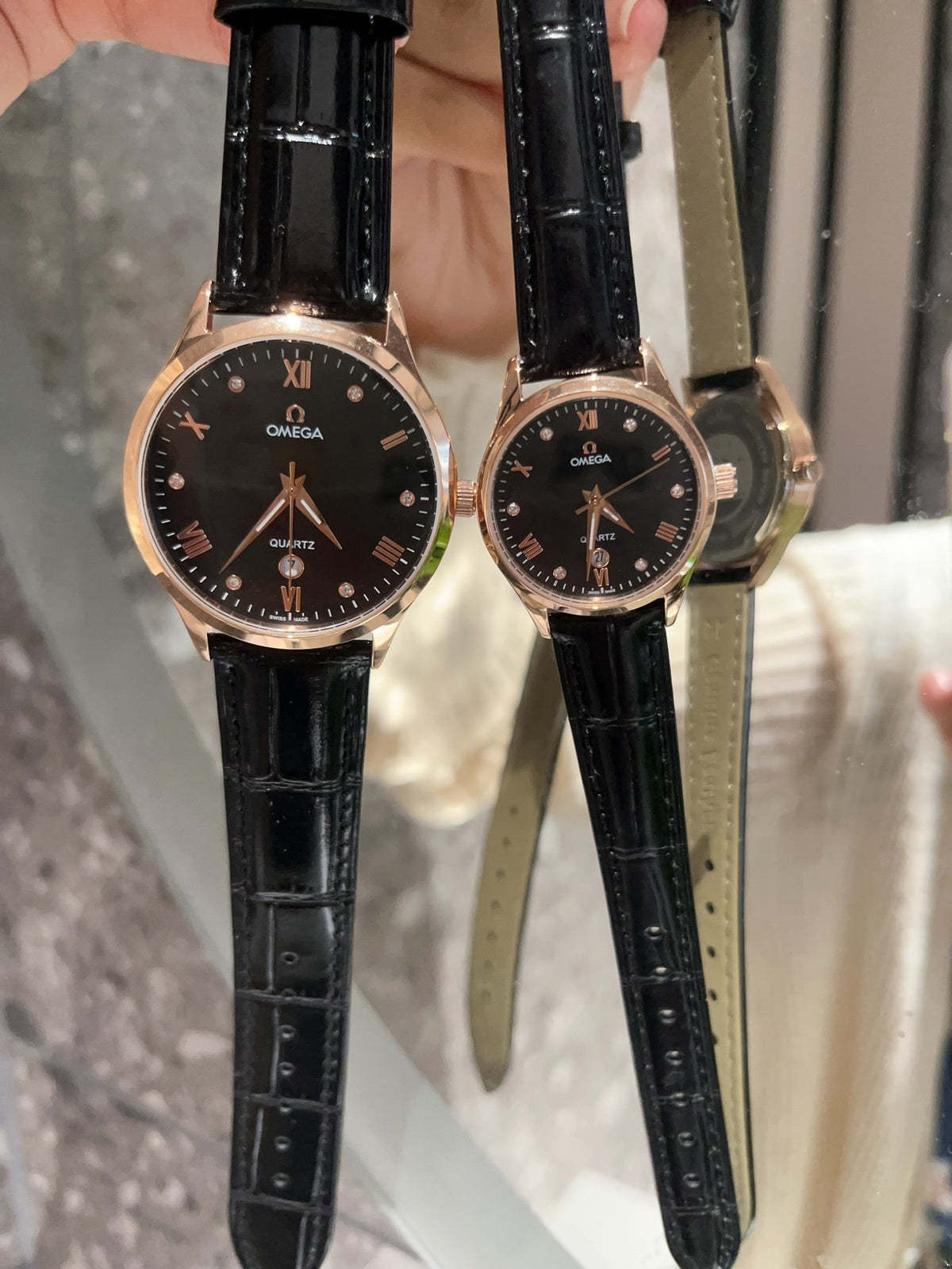 Omega Rose Gold Black Dial Black Strap Couple Watch Set