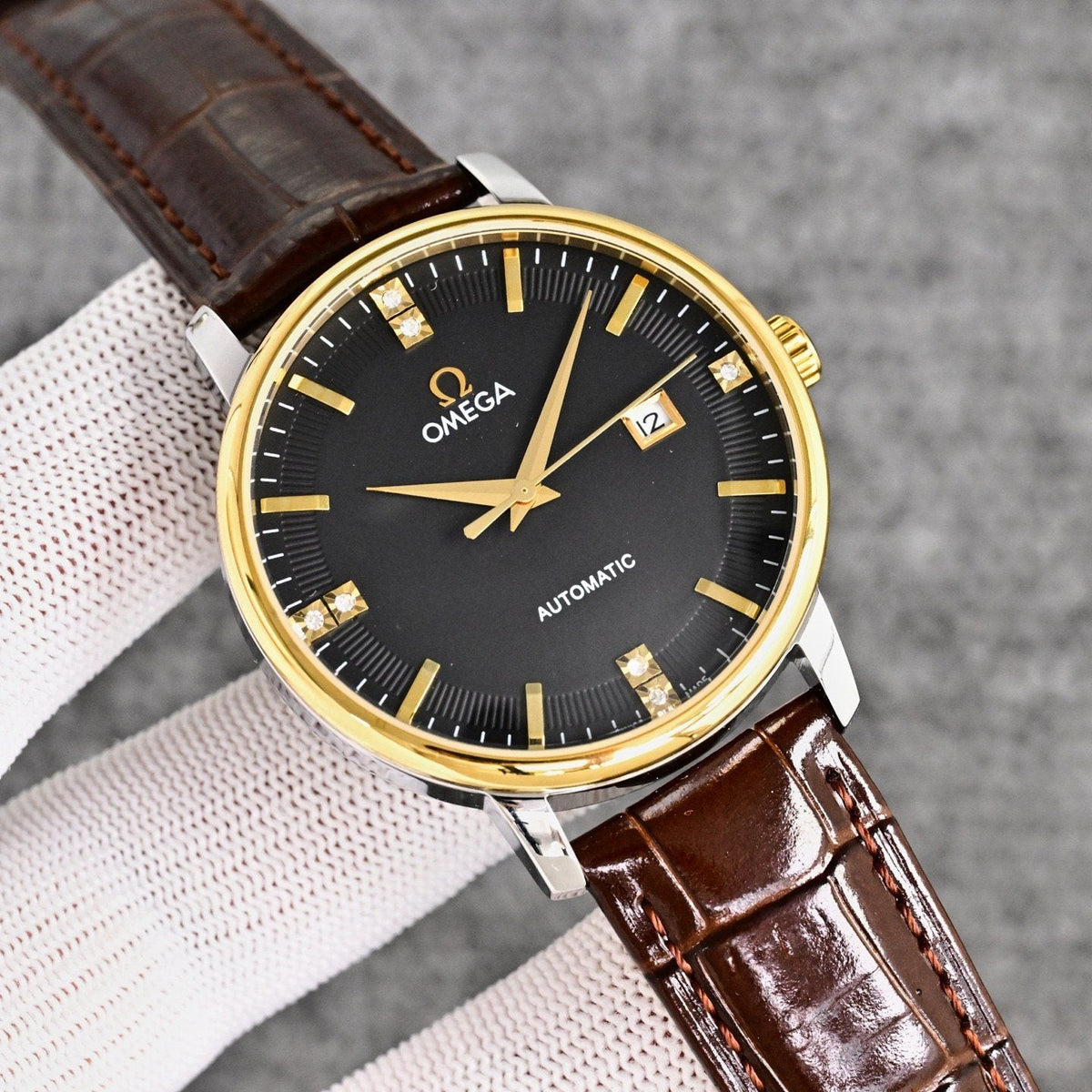 Omega Brown Gold Black Dial Leather Strap Watch