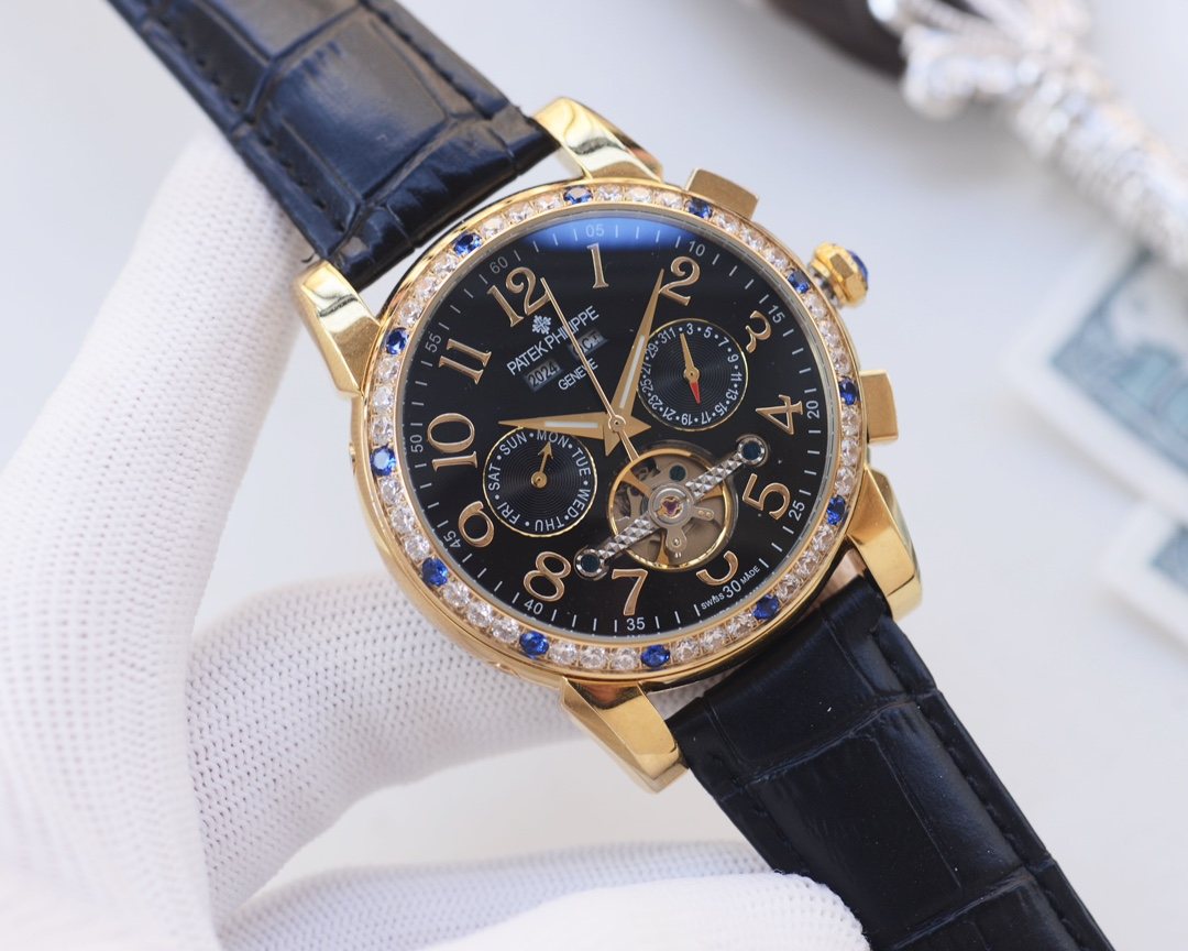 Patek Philippe Gold Blue Black Dial Leather Strap Watch