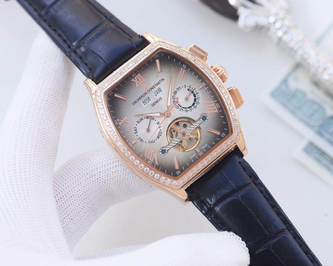 Vacheron Constantin Rose Gold Blue Silver Dial Strap Watch