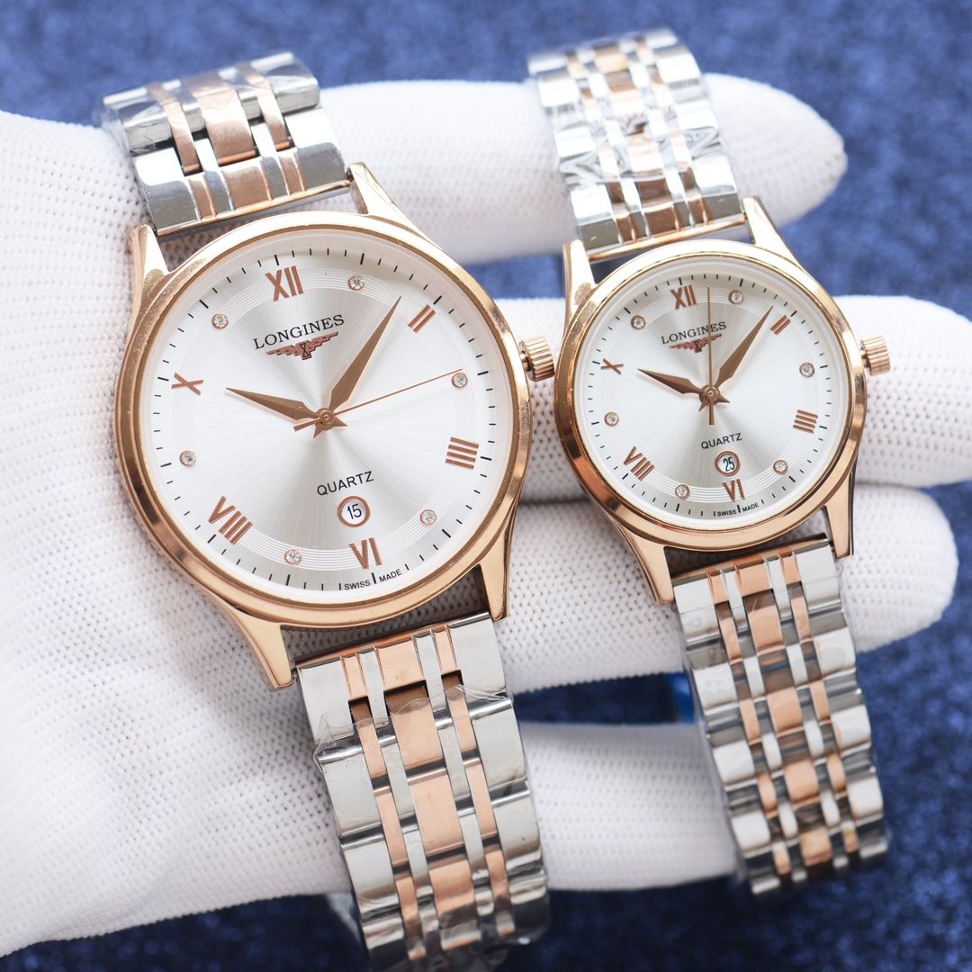 Longines Rose Gold Silver White Dial Couple Watch Set