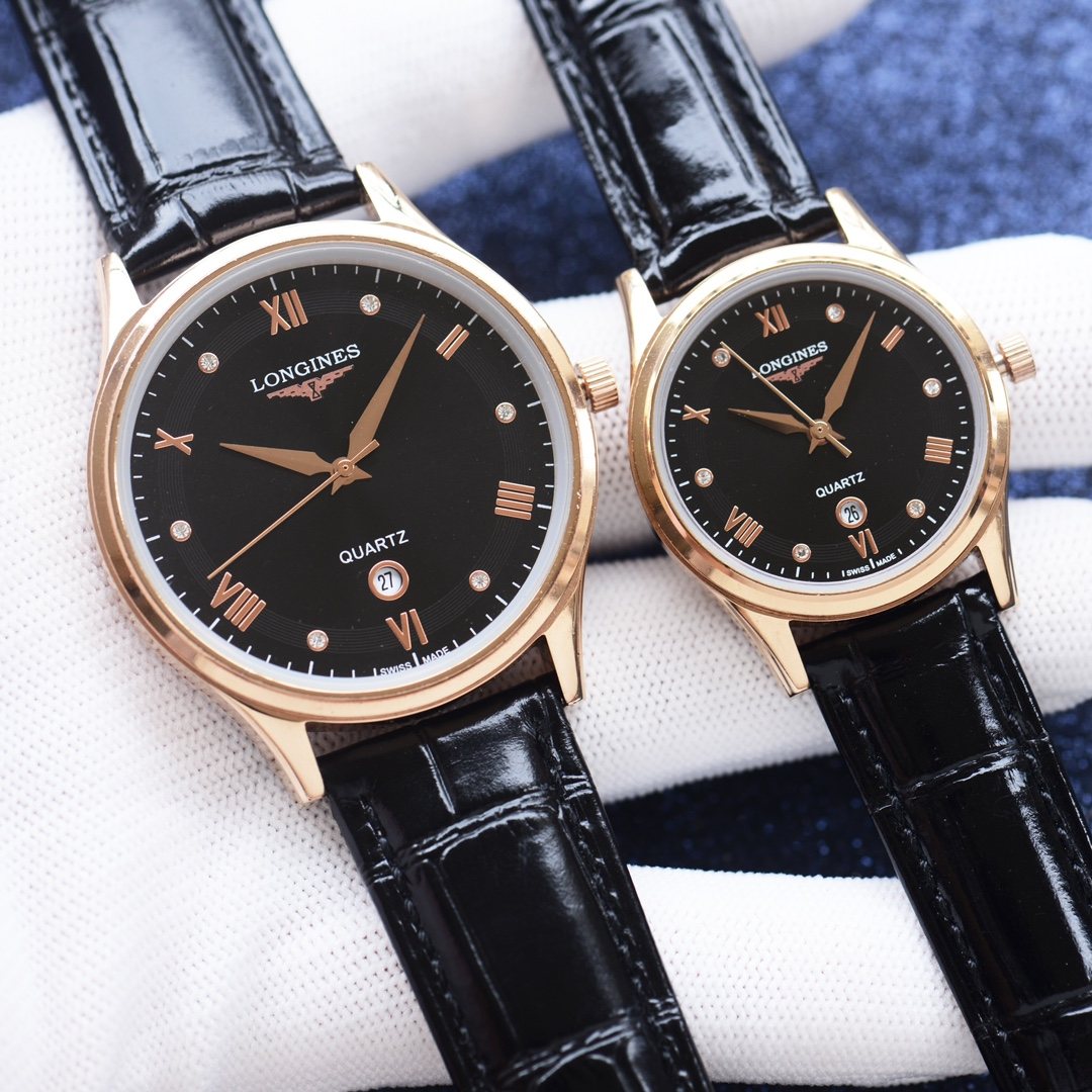 Longines Rose Gold Black Dial Leather Couple Watch Set