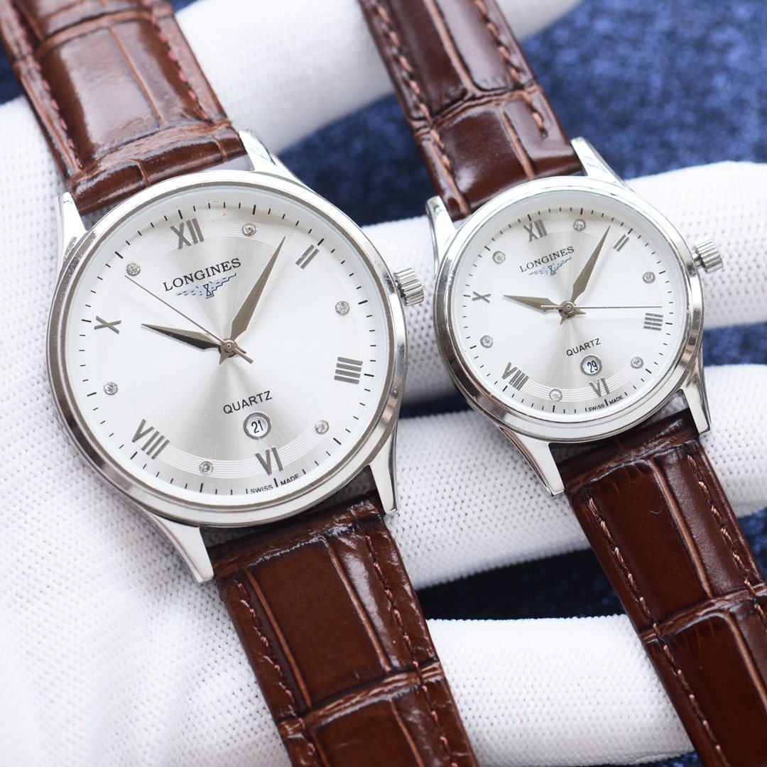 Longines Brown White Dial Leather Brown Couple Watch Set