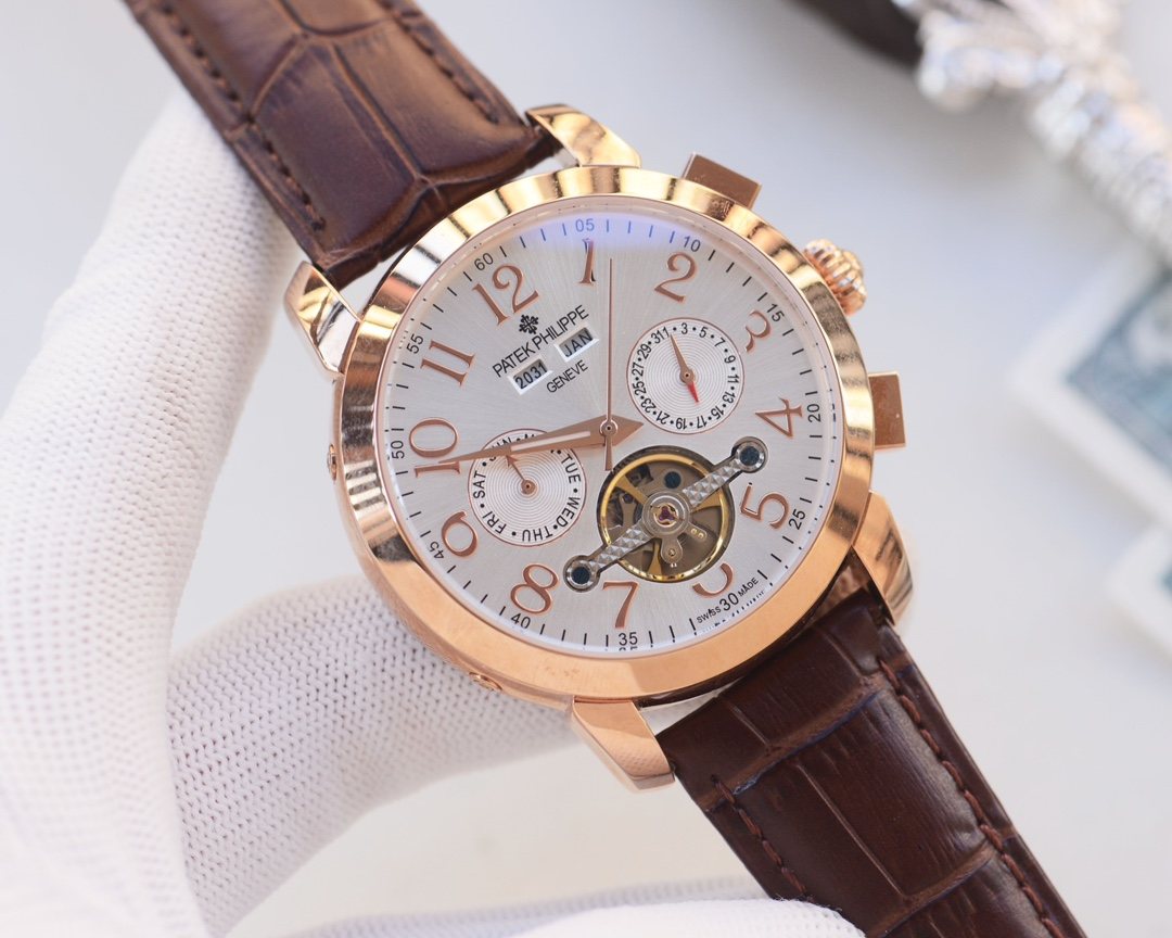 PATEK PHILIPPE Rose Gold Brown White Dial Strap Watch