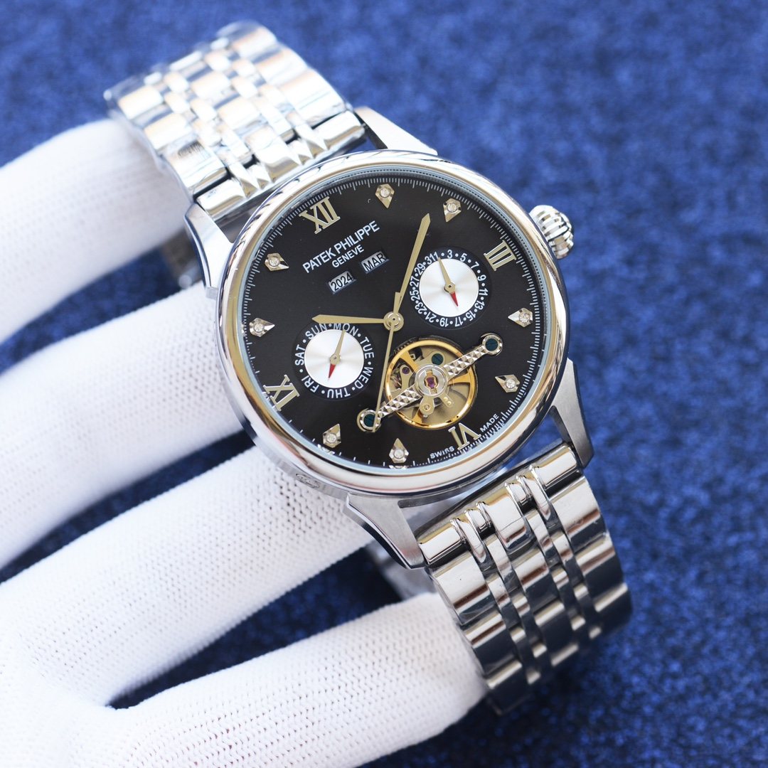 Patek Philippe Silver Black Dial Bracelet Watch