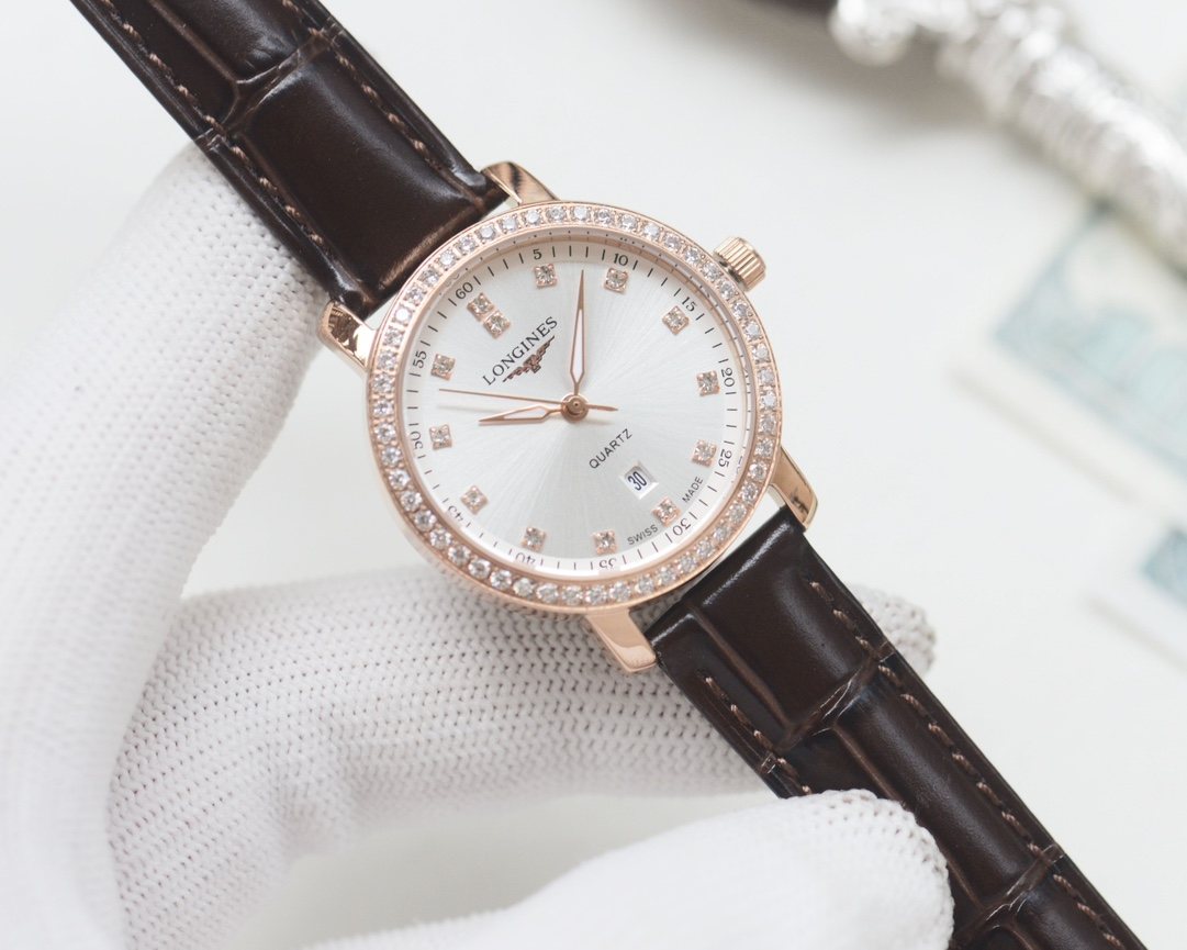 Longines Rose Gold White Dial Brown Strap Watch