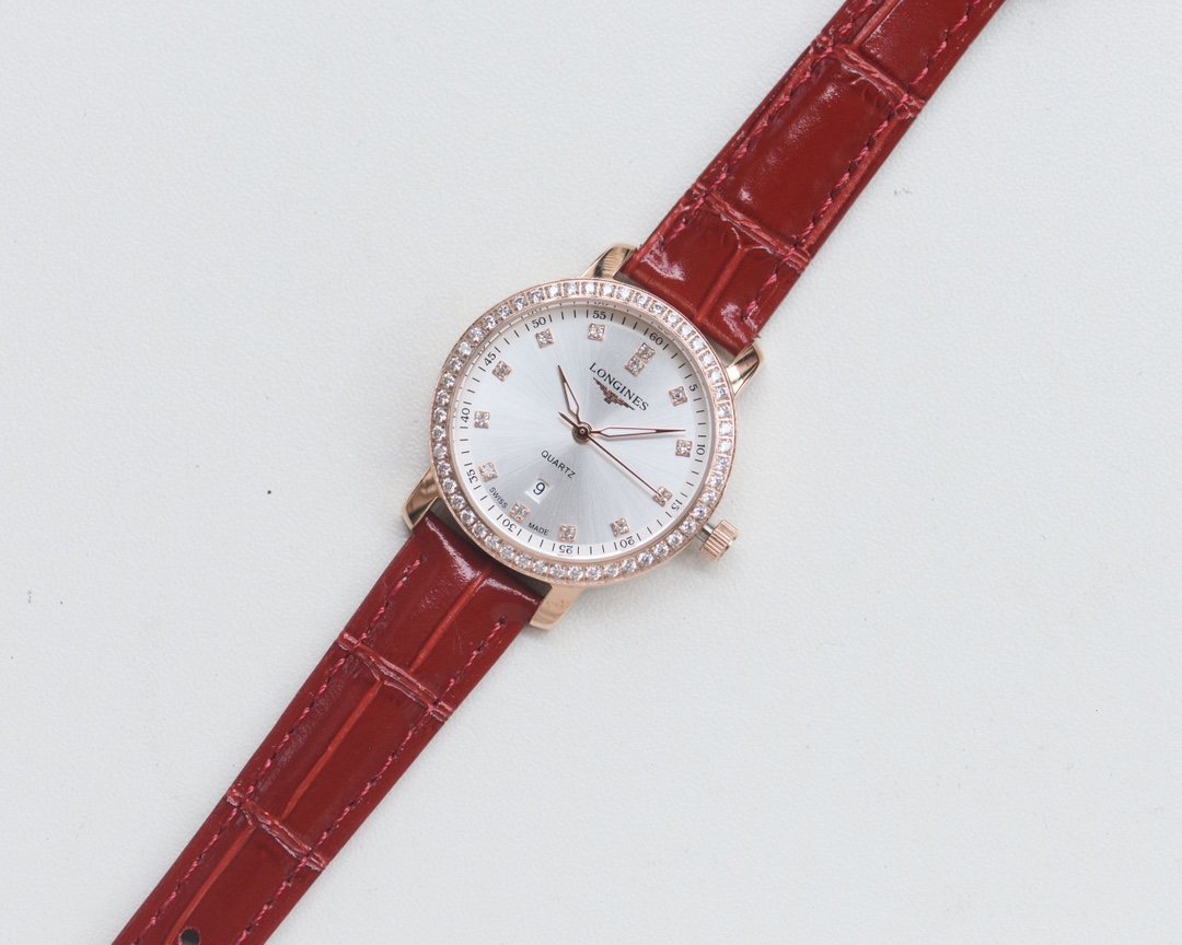 Longines Rose Gold White Dial Red Strap Watch