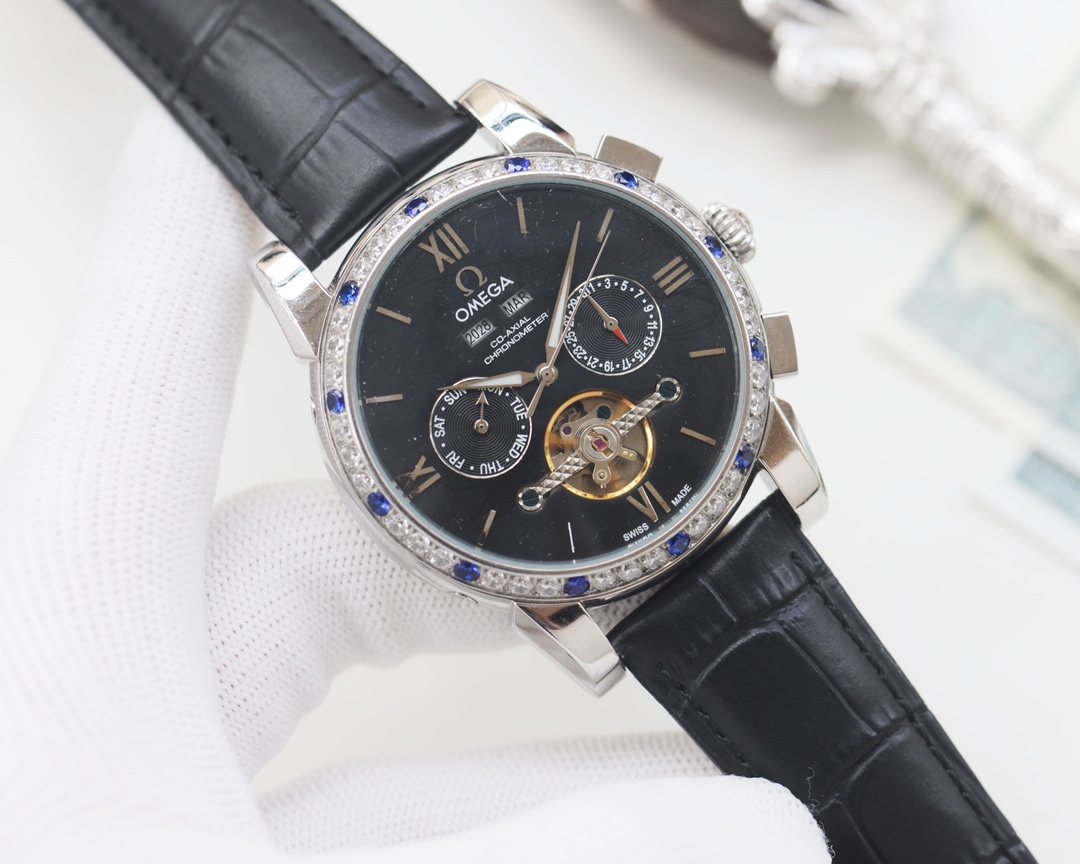 OMEGA Black Dial Black Strap Watch