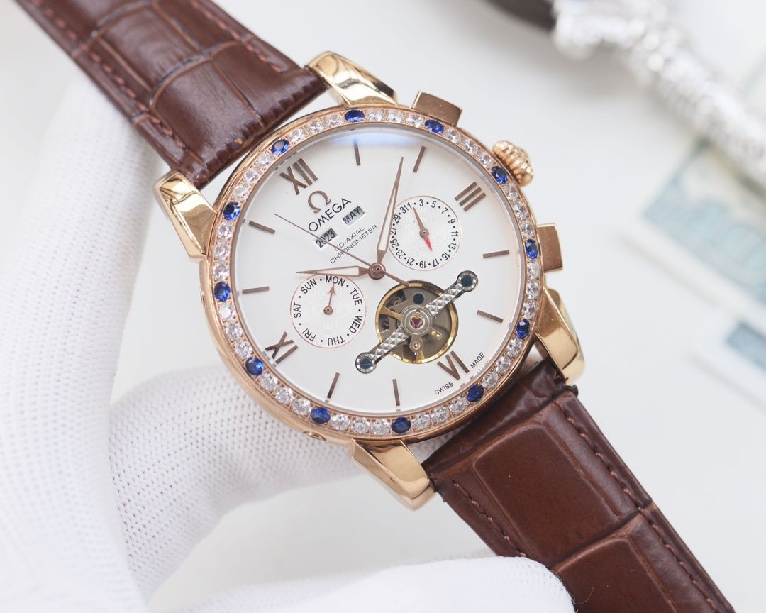 OMEGA Brown Rose Gold White Dial Strap Watch
