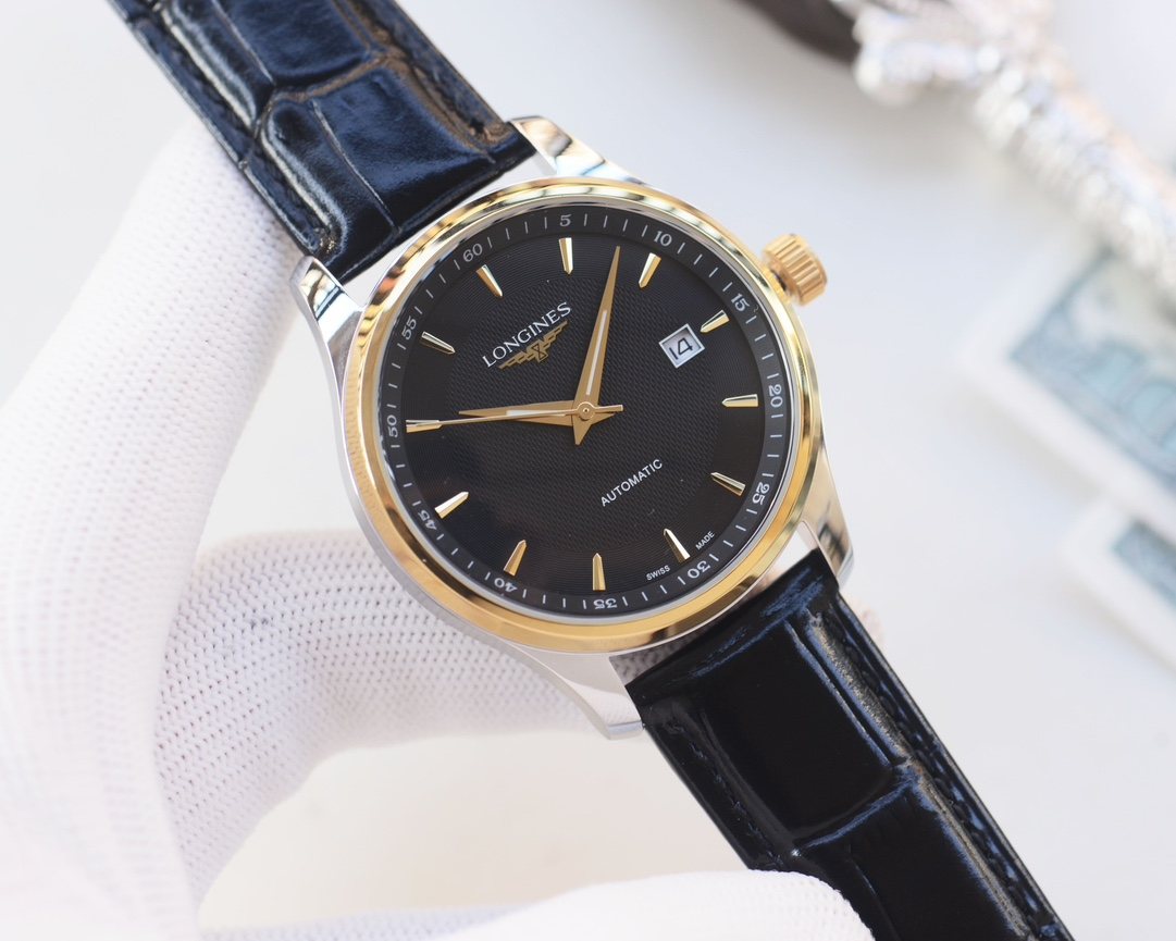Longines Gold Blue Black Dial Leather Strap Watch