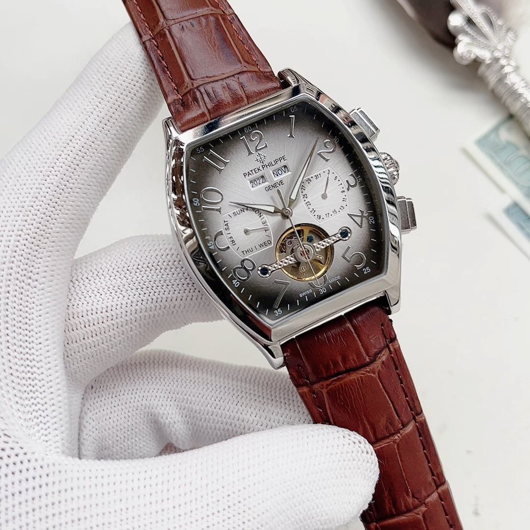 Patek Philippe White Dial Brown Leather Strap Watch