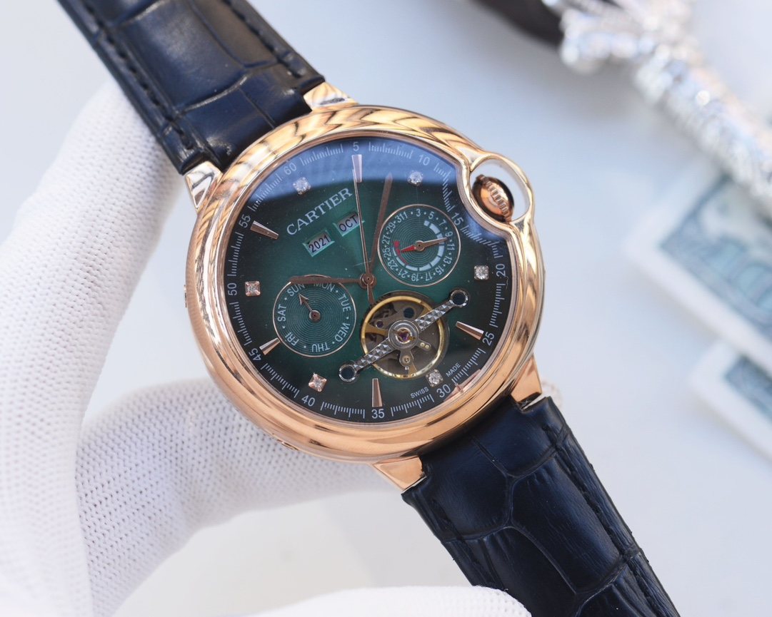 Cartier Rose Gold Blue Green Dial Leather Strap Watch