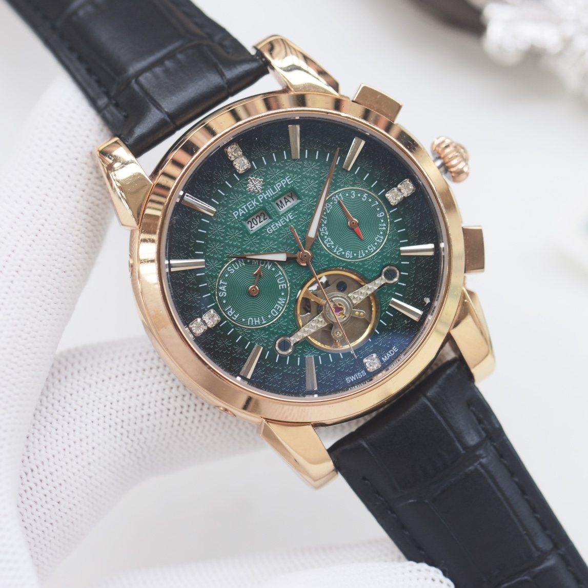 Patek Philippe Gold Black Green Dial Strap Watch