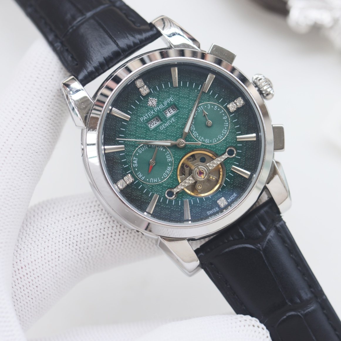 Patek Philippe Silver Black Green Dial Strap Watch