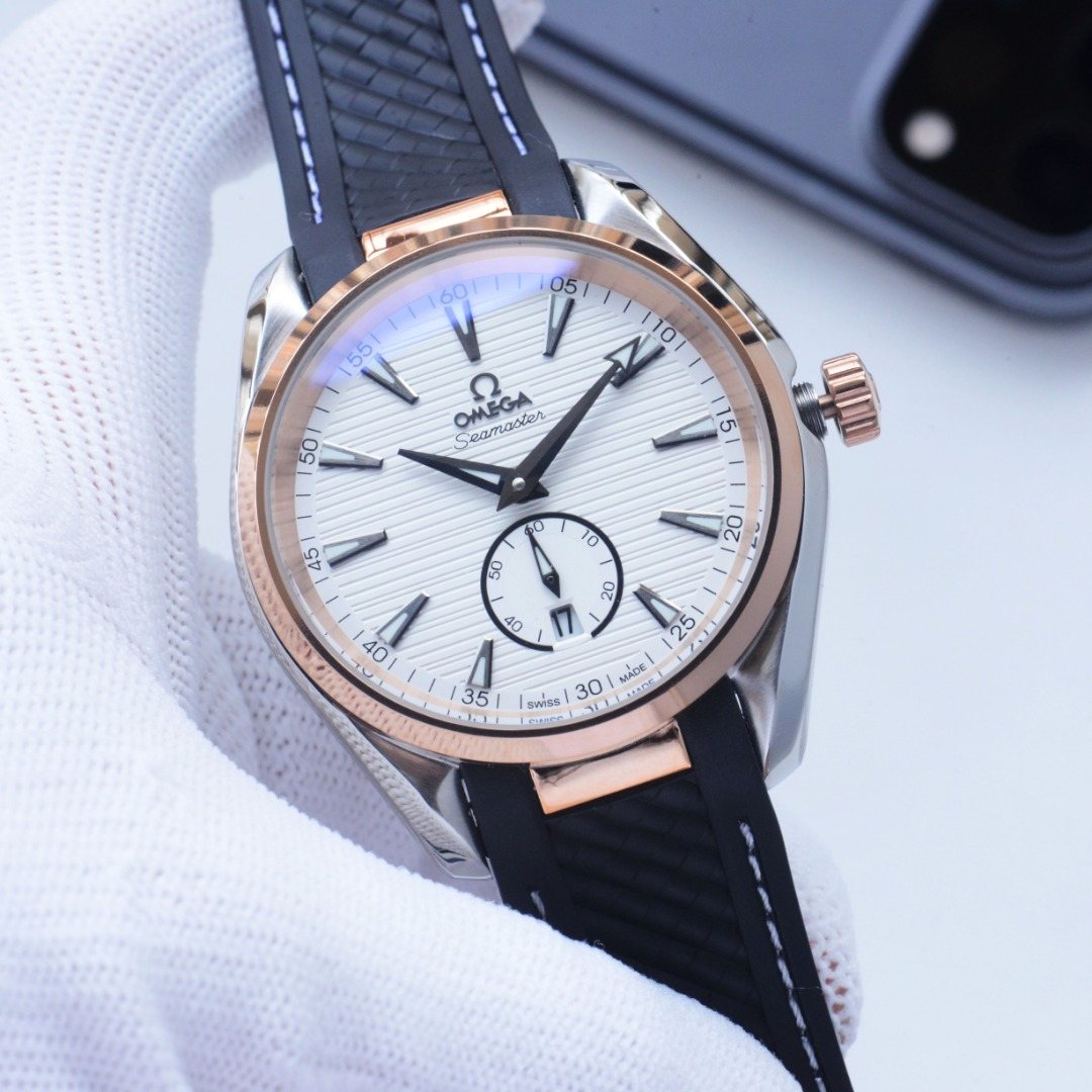 Omega Rose Gold Black White Dial Leather Strap Watch