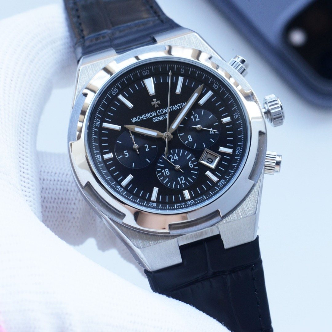 Vacheron Constantin Silver Black Dial Strap Watch