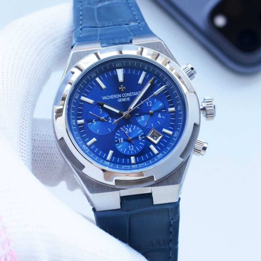 Vacheron Constantin Silver Blue Dial Strap Watch