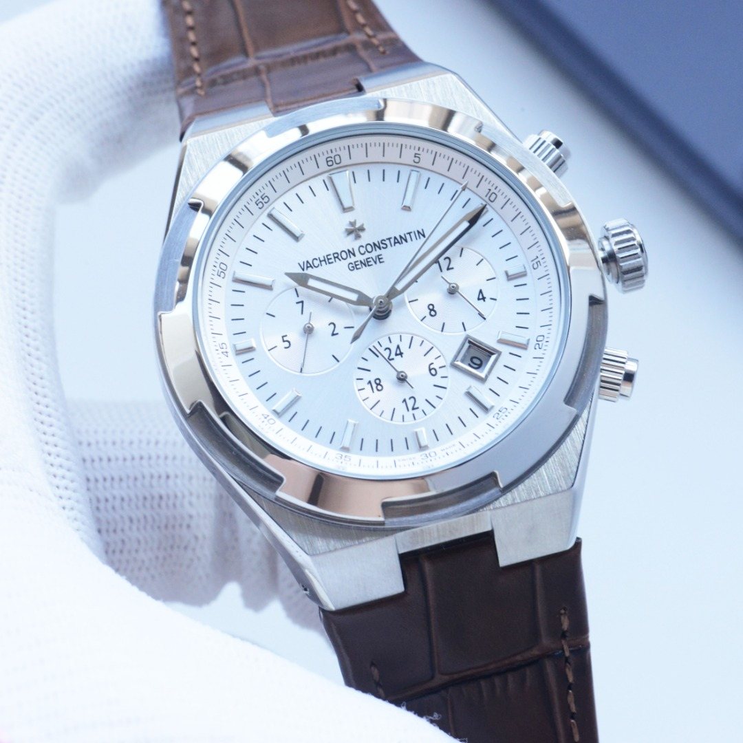 Vacheron Constantin Silver Brown White Dial Strap Watch