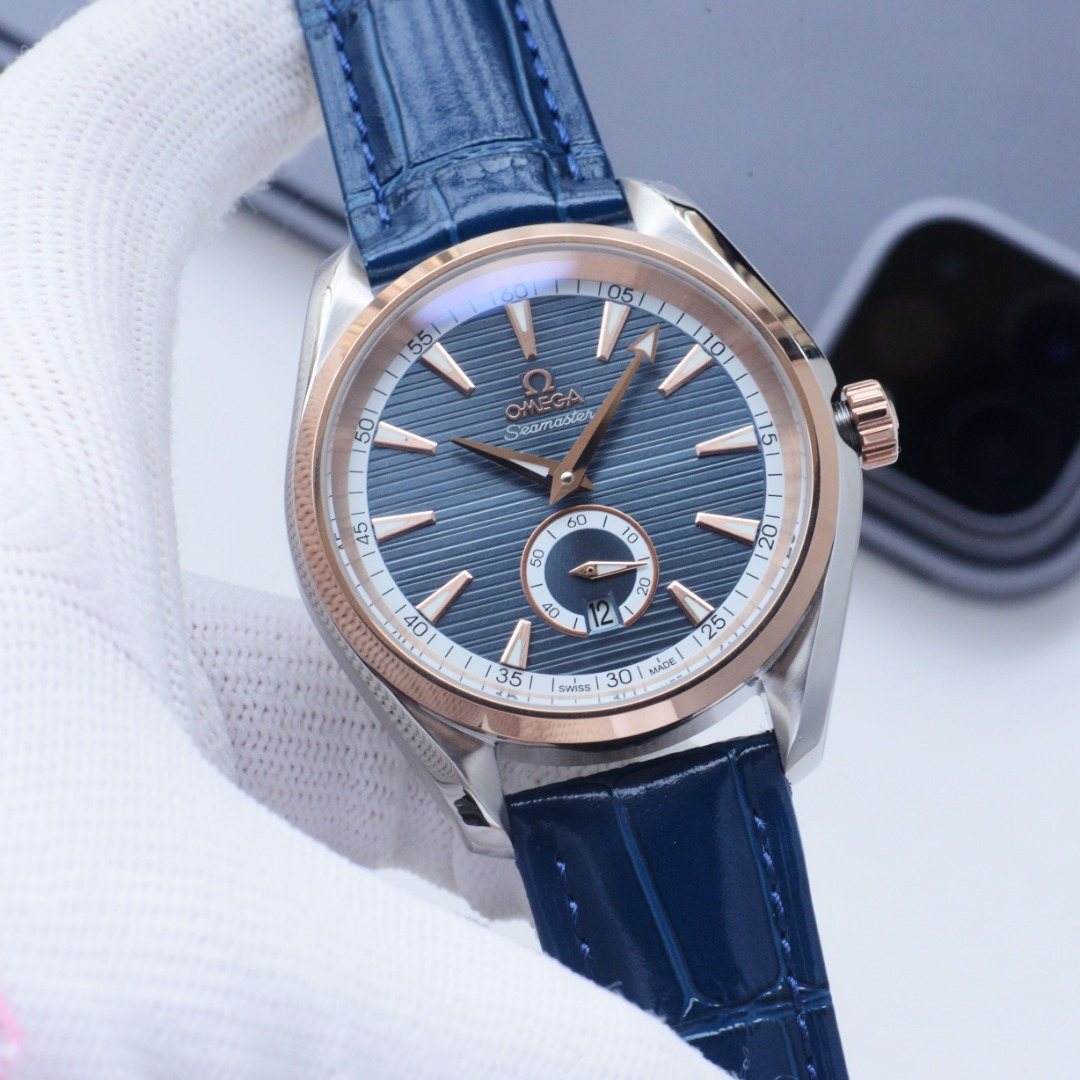 Omega Rose Gold Blue Dial Leather Strap Watch