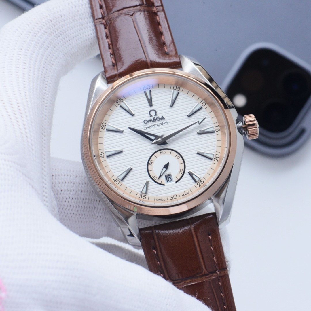 Omega Silver Brown White Dial Leather Strap Watch
