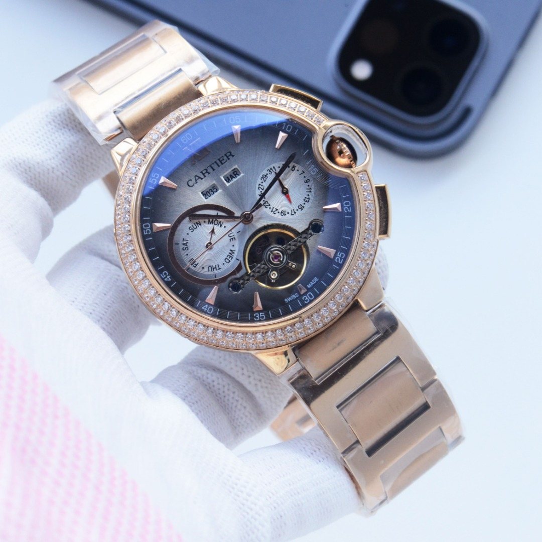 Cartier Rose Gold Blue Silver Dial Bracelet Watch