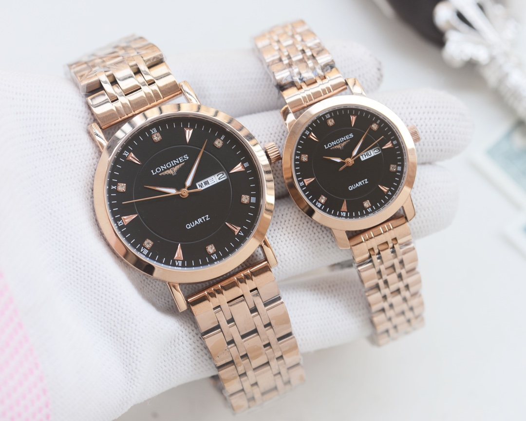 Longines Rose Gold Black Dial Couple Watch Set