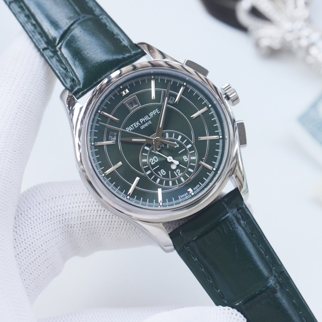 Patek Philippe Silver Green Dial Strap Watch