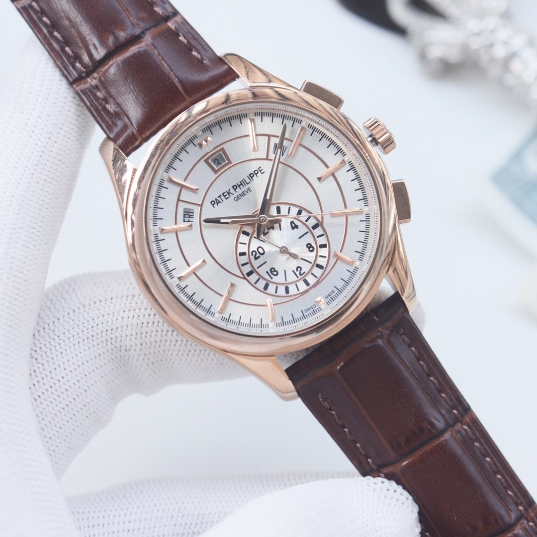 Patek Philippe Brown Rose Gold White Dial Strap Watch