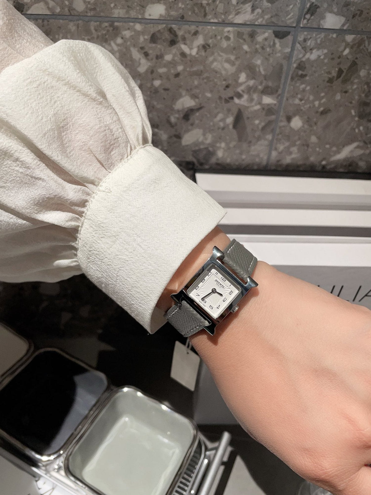 Hermès Black Silver White Dial Strap Watch