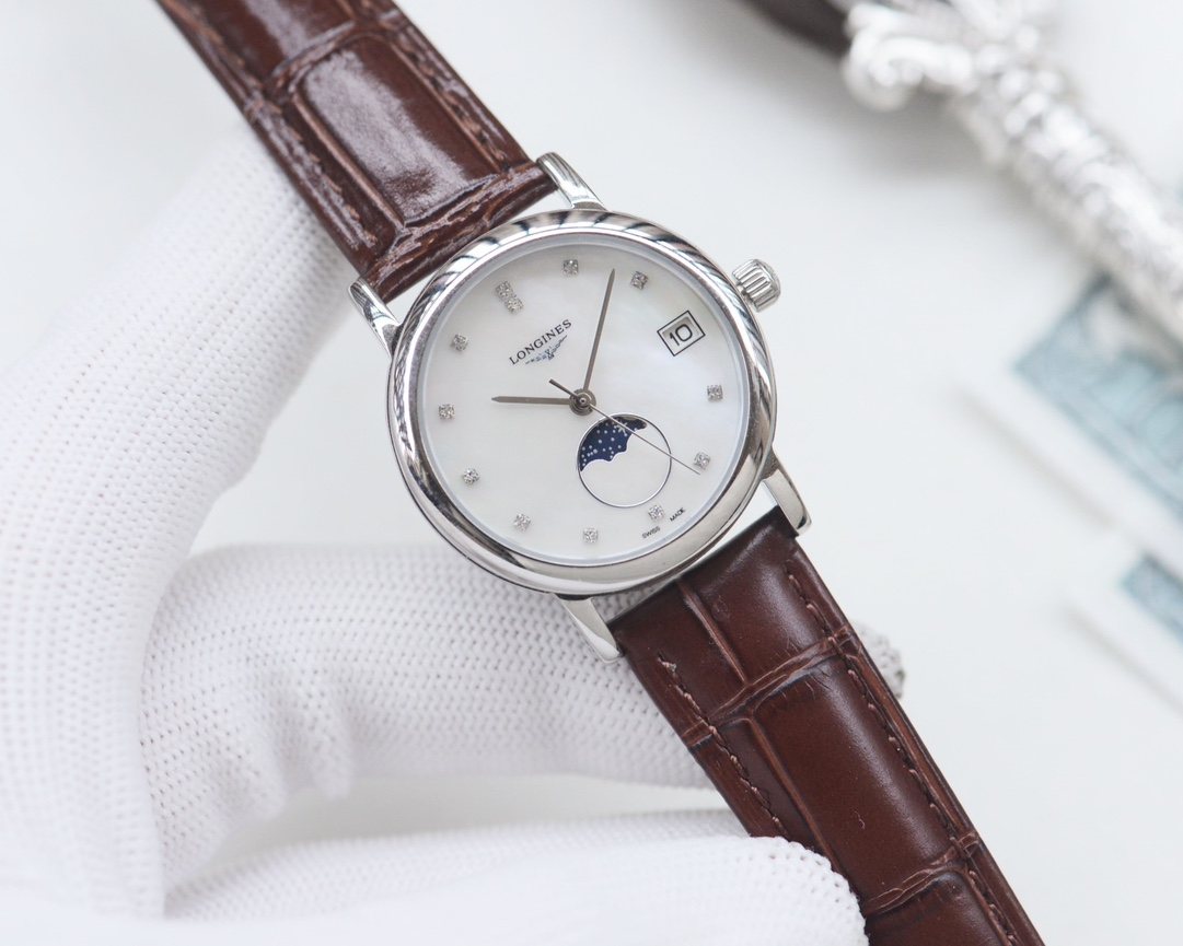 Longines Brown Silver White Dial Strap Watch