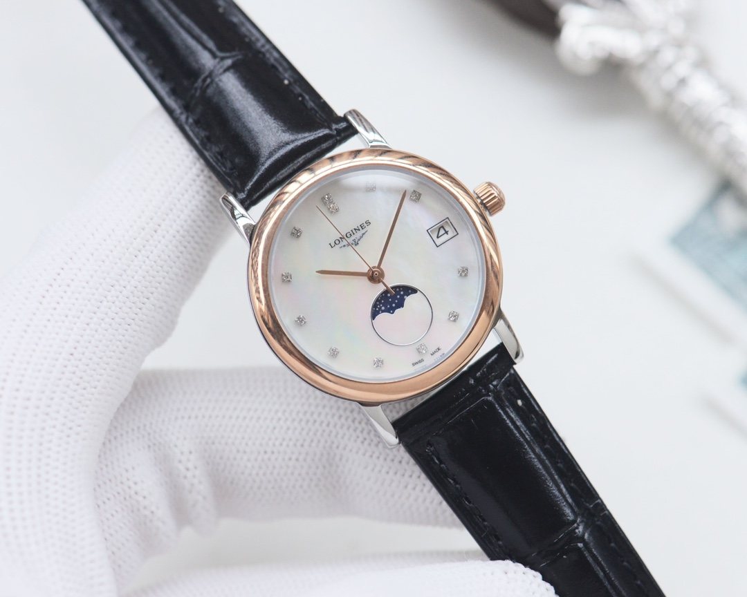 Longines Black Rose Gold White Dial Strap Watch