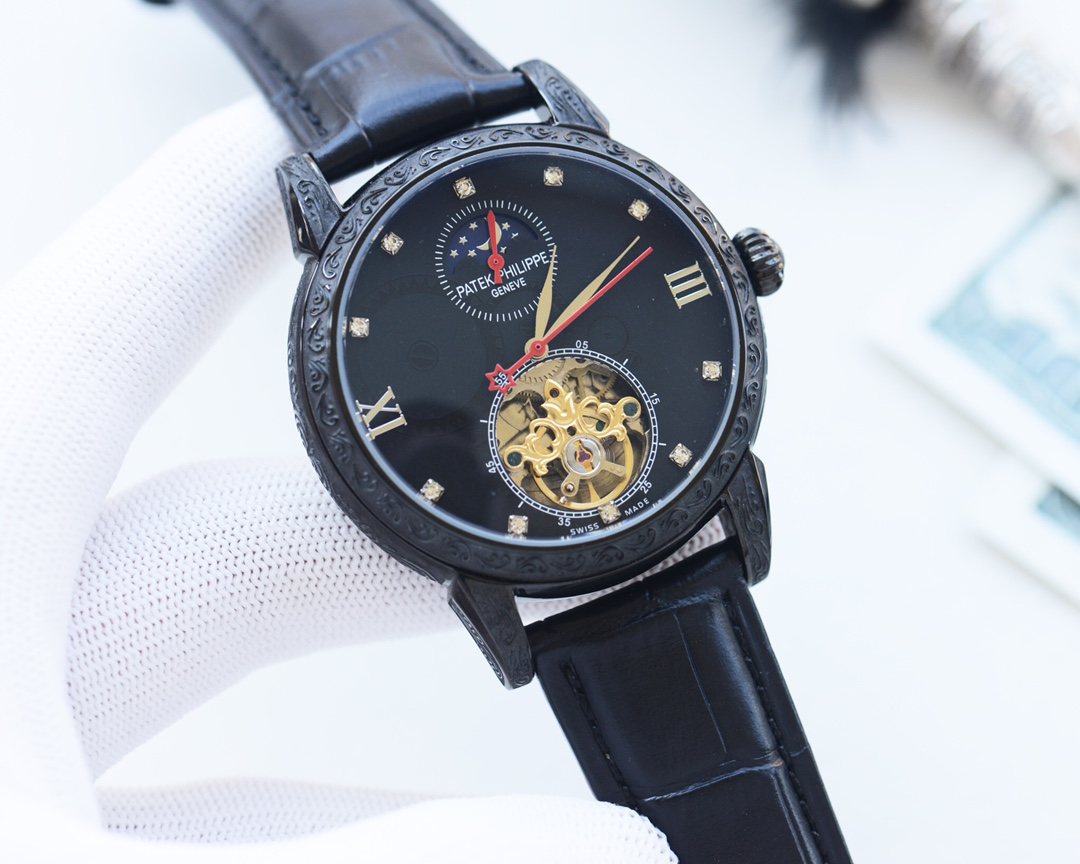 Patek Philippe Black Dial Leather Strap Watch