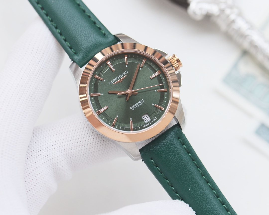 Longines Rose Gold Green Dial Strap Watch